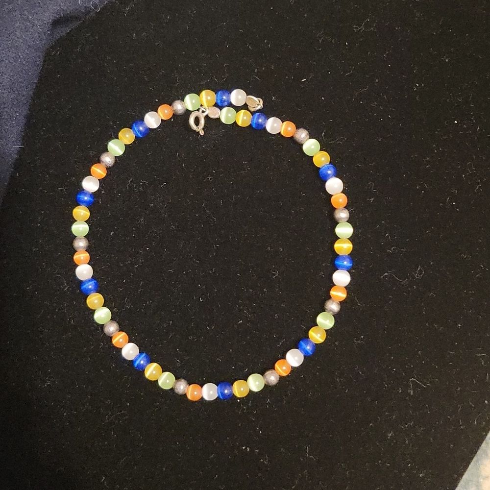 Extra long sterling rainbow stone beaded bracelet, 9.5"
